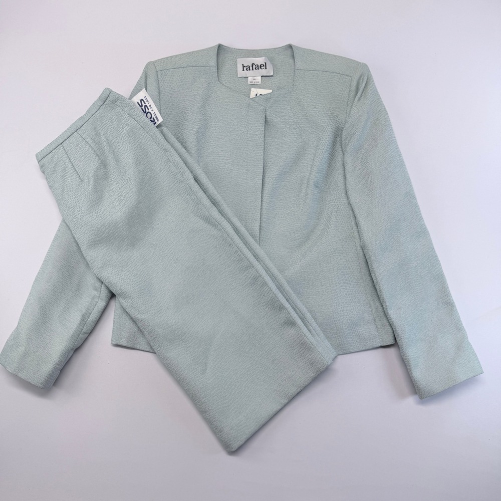 Rafael Womens 2 Piece Skirt Suit Set Light Blue Textured Collarless Size 16 NEW